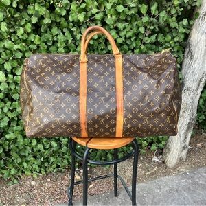 Louis Vuitton Keepall 60 LV Monogram Leather Duffel Travel Luggage Tote Hand Bag